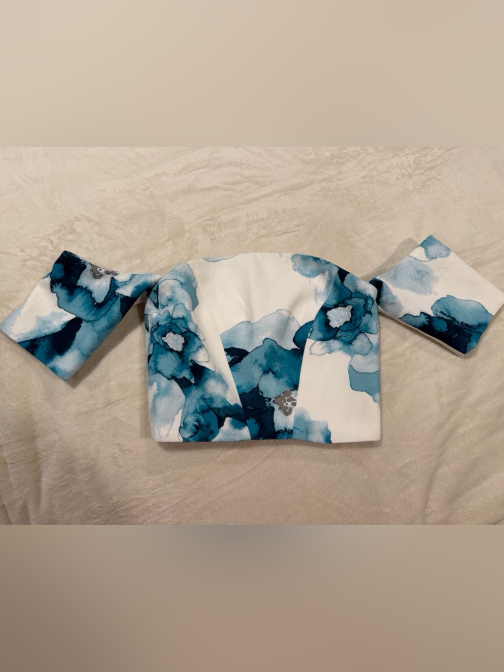 KEEPSAKE the Label White and Teal Floral Off-Shoulder Crop Top